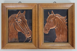 Pair Vintage Framed Embossed Copper Horse Head Pictures 7.5x6 - £23.35 GBP