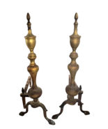 Antique Brass Andirons Pair  Queen Anne Style  20th Century - $109.41 CAD