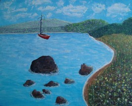 Painting Seascape Original Bob Ross Style Signed Art Boat Rocks By Carla Dancey - £17.67 GBP