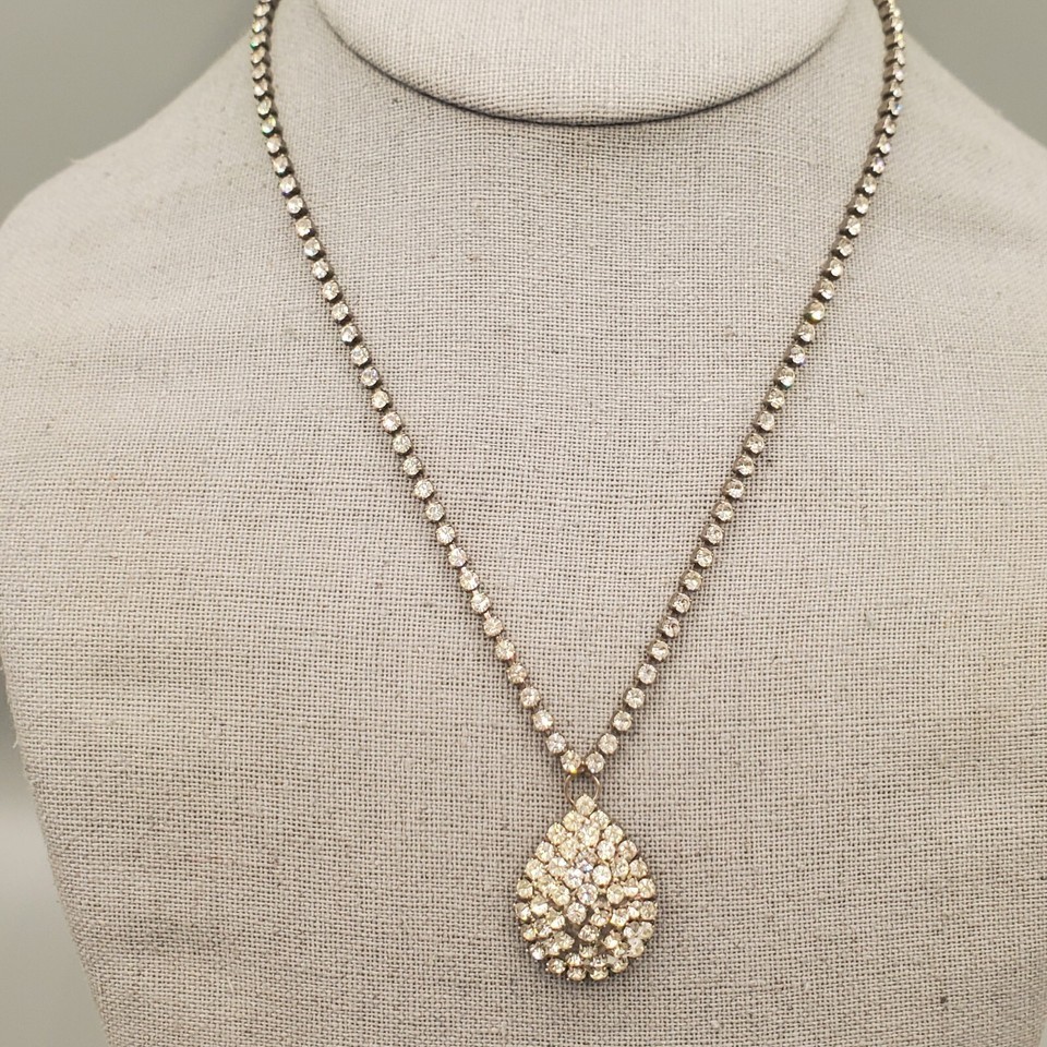 Vintage Cup Chain Necklace Crystal Rhinestone Teardrop Pendant Adjustabl... - $34.99