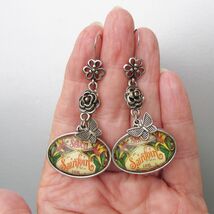 Vintage French Soap Label Long Dangle Flower &amp; Butterfly Artisan Earrings - $12.82