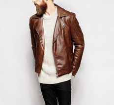 Men brown moto leather jacket designer sheepskin biker brown leather jac... - $130.99