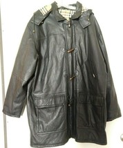 Burberry Black Leather Toggle Duffle Coat Removable Hood Nova Check Lining SZ 46 - £655.26 GBP