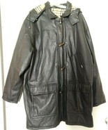 Burberry Black Leather Toggle Duffle Coat Removable Hood Nova Check Lining SZ 46 - £667.92 GBP