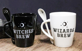 Set Of 2 Wicca Moons Black Witches And White Wizards Brew Cup Mugs And Spoons - £21.22 GBP