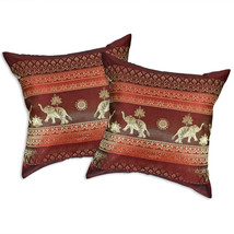 Red Wine Thai Elephant Sun Stripes Silk Throw Pillow Cushion Cover Set - $20.58
