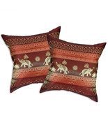 Red Wine Thai Elephant Sun Stripes Silk Throw Pillow Cushion Cover Set - £16.14 GBP
