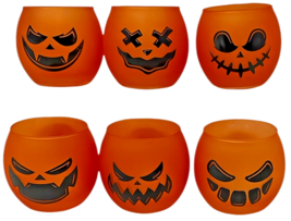 6 PC Orange Pumpkin Grimace Glass Votive Candle Holders Halloween Decor image 2