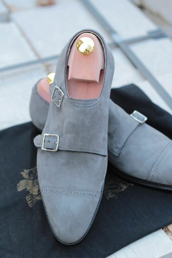 Men's Gray Monks Double Buckle Strap Rounded Cap Toe Suede Leather Shoes US 7-16