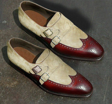 Handmade Custom Leather Shoes Oxford For Men Maroon And Cream Color Dress Shoes - £120.54 GBP+