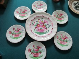 St Clément French Majolica, Rooster Flowers Plate &amp; 9 Cups Saucers Coffee 19 Pc - £197.38 GBP