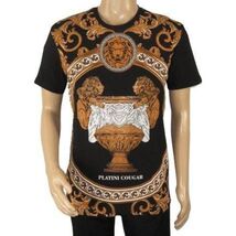Mens PLATINI Sports Shirt With Rhine Stones Lion Medallion Chain SS3560 Black image 2