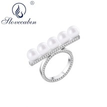Slovecabin 925 Sterling Silver Balance Bar Faux Pearl Finger Ring With Clear CZ  - £26.29 GBP