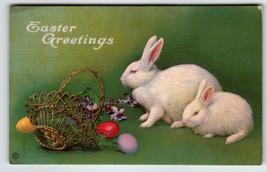 Easter Postcard White Bunny Rabbits Bluebells Flowers Painted Eggs Stecher 753 - £10.08 GBP