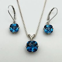 3Ct Cushion Cut Simulated London Blue Topaz Necklace Set 14K White Gold Plated - £195.45 GBP