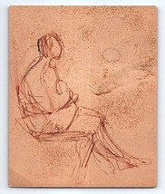 Stylo Croquis Ligne Dessin Sur Papier Mi Siècle Femme &amp; Bébé Assis Naomi Yergin - $59.39