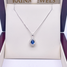 18ct White Gold Double Row Halo Diamond Blue Sapphire Pear Pendant&amp;Chain 0.32ct - $1,031.07