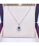 18ct White Gold Double Row Halo Diamond Blue Sapphire Pear Pendant&amp;Chain... - $1,430.51 CAD