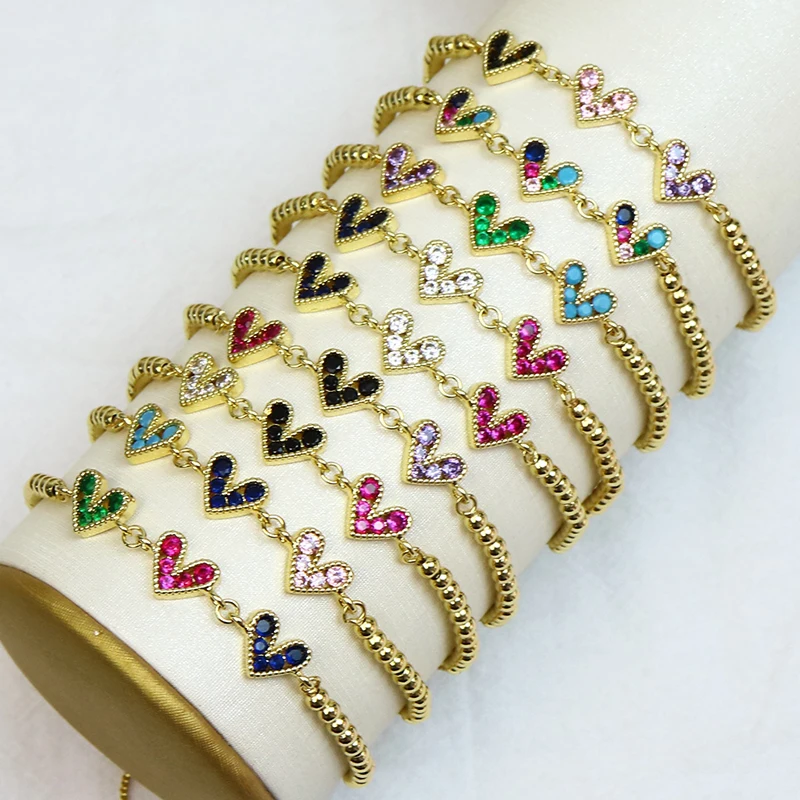 10 Pcs  Crystal Heart Bracelet Colorful heart Bracelet 18k Gold Plated Beaded Ch - £55.43 GBP