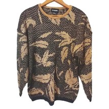 Metallic Leaf Print  Sweater L Vintage 90s Shimmery Gold Holiday Pullove... - $29.68