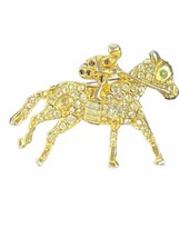 Horse Race Horse Racing w Jockey Multi Colored Rhinestones Gold Tone VTG... - $17.58