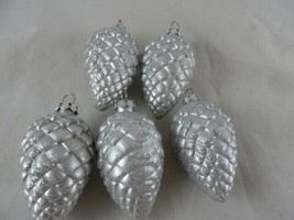 Vintage Glass Ornament Pinecones 5 silver with glitter 3 inches Long - £27.37 GBP