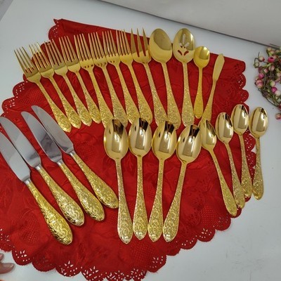 24X Set Cambridge Festival Gold Stainless Flatware Forks Knives Spoons Serving  Item image 2
