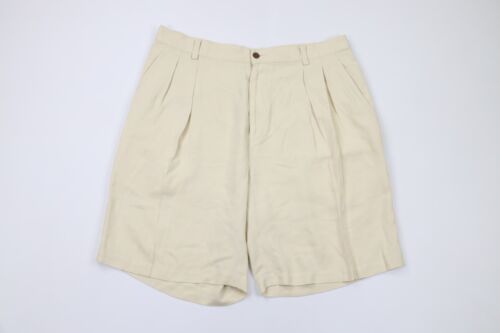 Primary image for Vintage 90s Tommy Bahama Relax Mens 36 Pleated Herringbone Silk Chino Shorts Tan