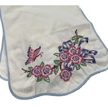 Vtg Embroidered Table Runner Dresser Scarf Blue Pink Butterflies Flowers 32&quot; - $14.95