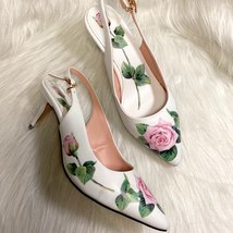6cm Low Heel Bridal Shoes Rose Flower Print High Heel Pumps Pointed Toe Stiletto - £114.56 GBP