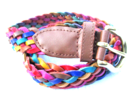 Vintage Multicolor Braided Genuine Leather Belt Brass Buckle Women&#39;s Medium - £21.26 GBP