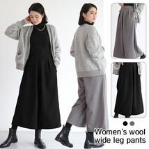 Women Wool Blend Loose Wide Leg Skirt Pants Elastic High Waist Cropped T... - $29.91