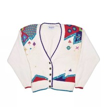 Vintage Jantzen Sweater Womens L Petite Cardigan Ramie Knit Geometric Embroidery - £18.10 GBP