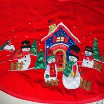 Red Velvet Christmas Tree Skirt w/ Satin Applicas Snowmen Family North Pole 42&quot; - £27.37 GBP
