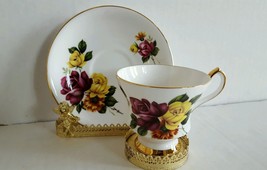 Vintage Royal Windsor English Tea cup &amp; saucer Rose Bouquet Footed Cup Gold Trim - £12.63 GBP