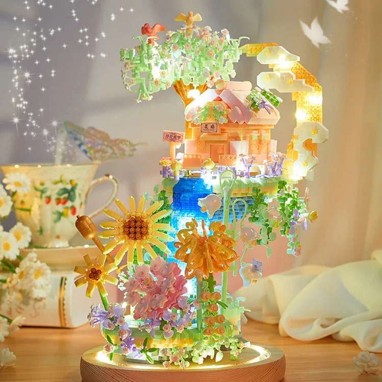 Romantic Sky Flower House 3D Model Building Blocks Assembled DIY Eternal Flower - £43.62 GBP+
