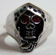 Grim Reaper Red Crystal Eyes Stainless Steel Ring Size 7 Silver Metal S-519 Cape - £6.05 GBP
