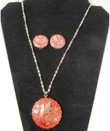 Vintage West Germany Necklace Earring Exotic Birds Coral Red Medallion P... - £15.65 GBP