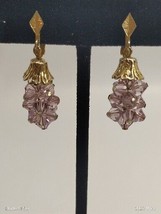 Vintage Dangle Lavender Crystal Gold Tone Cluster Clip Earrings Estate - $17.82
