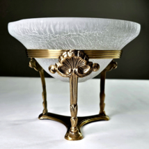 VTG Art Deco Glass Vase Brass Base Round Crackle Glass Planter Bowl Art ... - $39.99