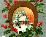 Merry Christmas Horseshoe Crescent Moon Holly Clover Silver 1908 Postcard - $8.86