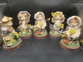 Bunnies figurines, 5, flowers forest fantasy 6&quot; in wooden base [80M] - £67.25 GBP