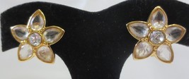Vtg Swarovski Swan Crystal Flower Clip On Earrings Gold Tone Signed - £39.22 GBP