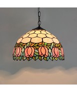 12 In Tiffany Pink Tulip Pendant Hanging Ceiling Lamp Stained Glass Nigh... - £208.54 GBP