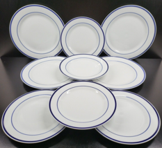 9 Pc Oneida Maitre D Dinner Salad Plates Set White Porcelain Blue Band Dish Lot - £103.24 GBP