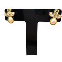 Signed Avon Angel Earrings Simulated Pearls Rhinestones Pierced Studs Gold Tone - $8.91