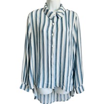 Emi &amp; Joe Blue Cream Pinstripe Button Up Blouse Top Size M High-Low Indi... - $16.21