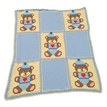 Vtg Crochet Afghan Teddy  Blanket Throw Blue/Cream Nursery Handmade 62 X 55 - £37.15 GBP