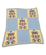 Vtg Crochet Afghan Teddy  Blanket Throw Blue/Cream Nursery Handmade 62 X 55 - $47.50