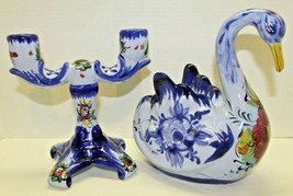 Vestal Portugal Blue European Pottery Swan Vase &amp; Candlestick Holder Set... - £62.15 GBP